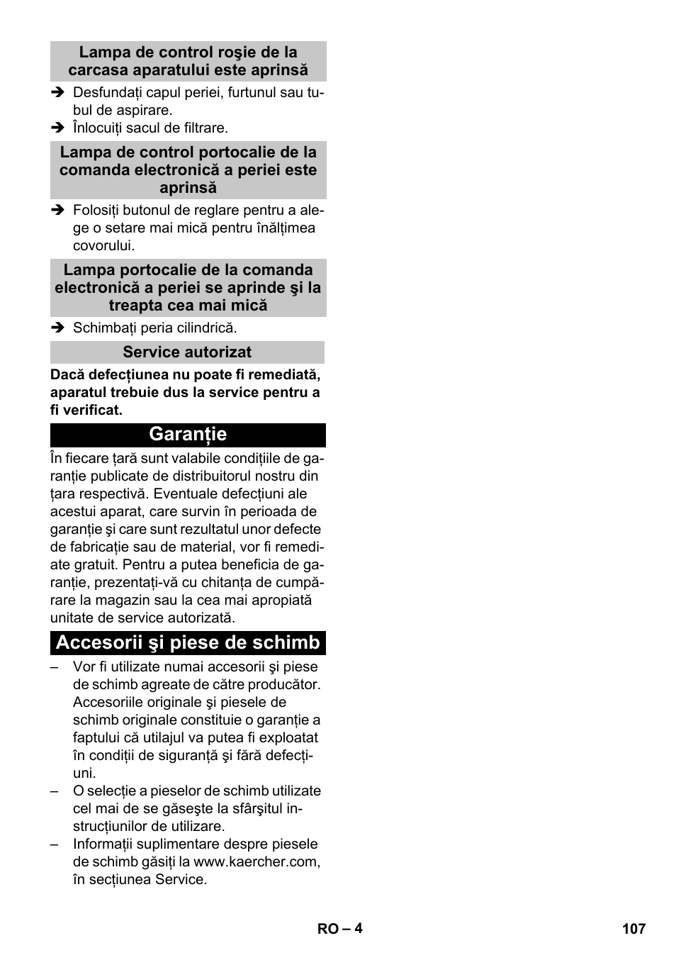 Service autorizat, Garanţie, Accesorii şi piese de schimb | Garanţie accesorii şi piese de schimb | Karcher CV 38-2 Adv User Manual | Page 107 / 156