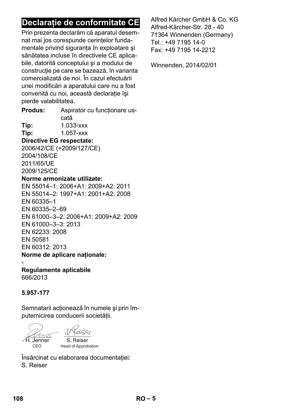 Declaraţie de conformitate ce | Karcher CV 38-2 Adv User Manual | Page 108 / 156