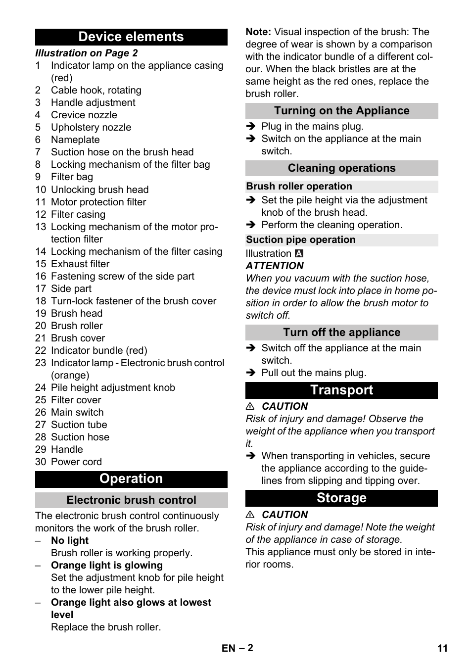 Device elements, Operation, Electronic brush control | Turning on the appliance, Cleaning operations, Brush roller operation, Suction pipe operation, Turn off the appliance, Transport, Storage | Karcher CV 38-2 Adv User Manual | Page 11 / 156