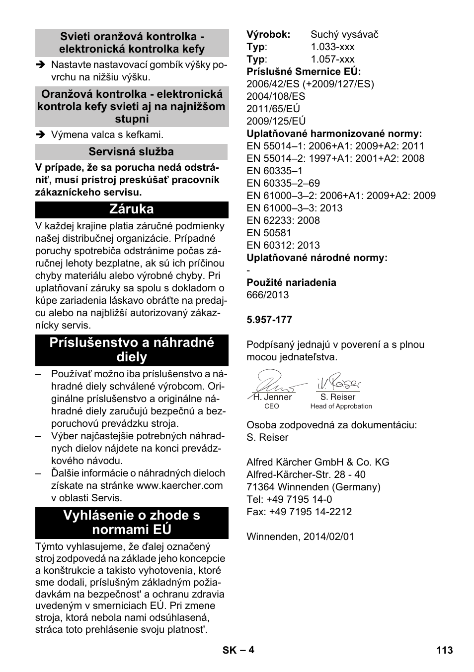 Servisná služba, Záruka, Príslušenstvo a náhradné diely | Vyhlásenie o zhode s normami eú | Karcher CV 38-2 Adv User Manual | Page 113 / 156