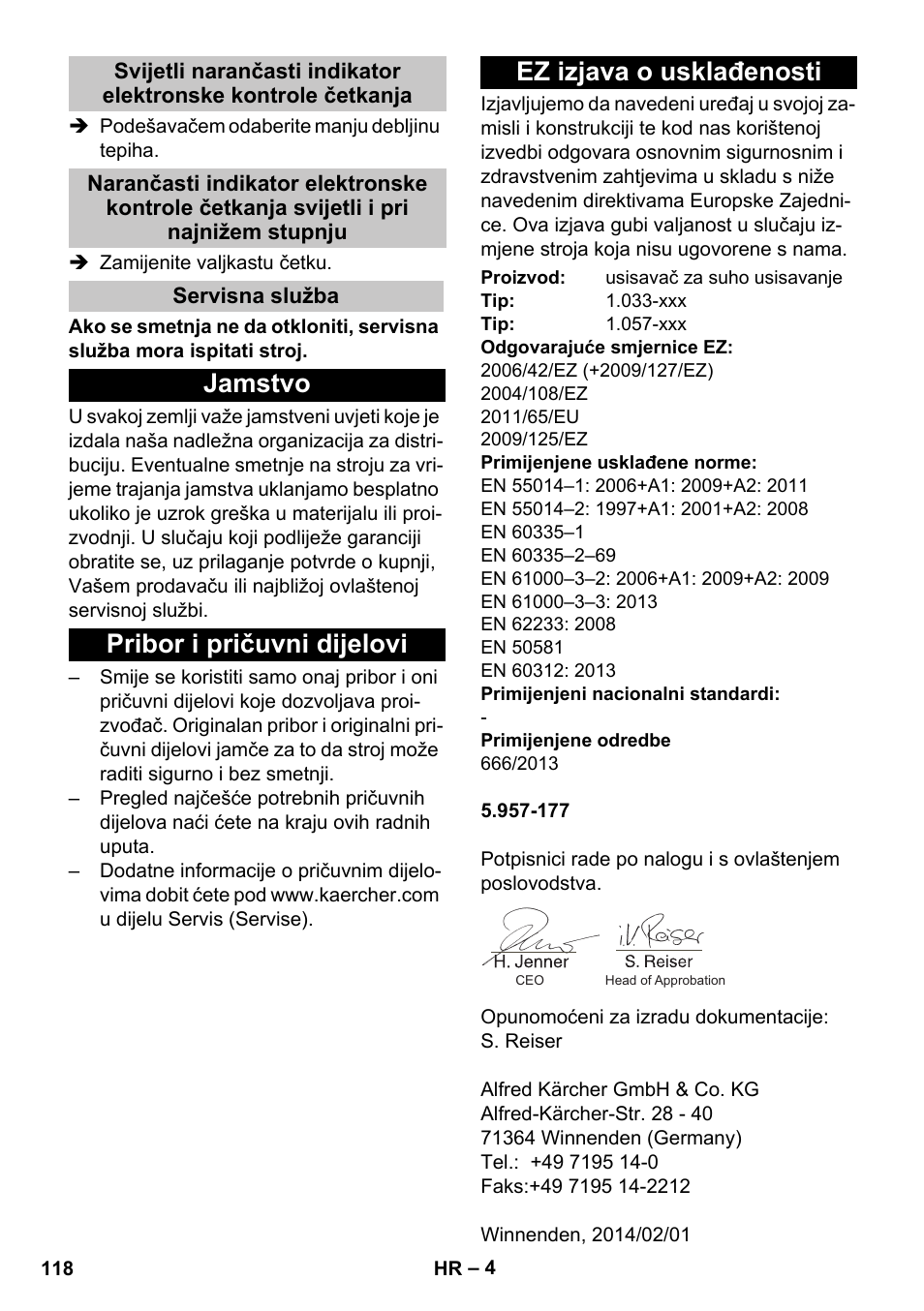 Servisna služba, Jamstvo, Pribor i pričuvni dijelovi | Ez izjava o usklađenosti | Karcher CV 38-2 Adv User Manual | Page 118 / 156