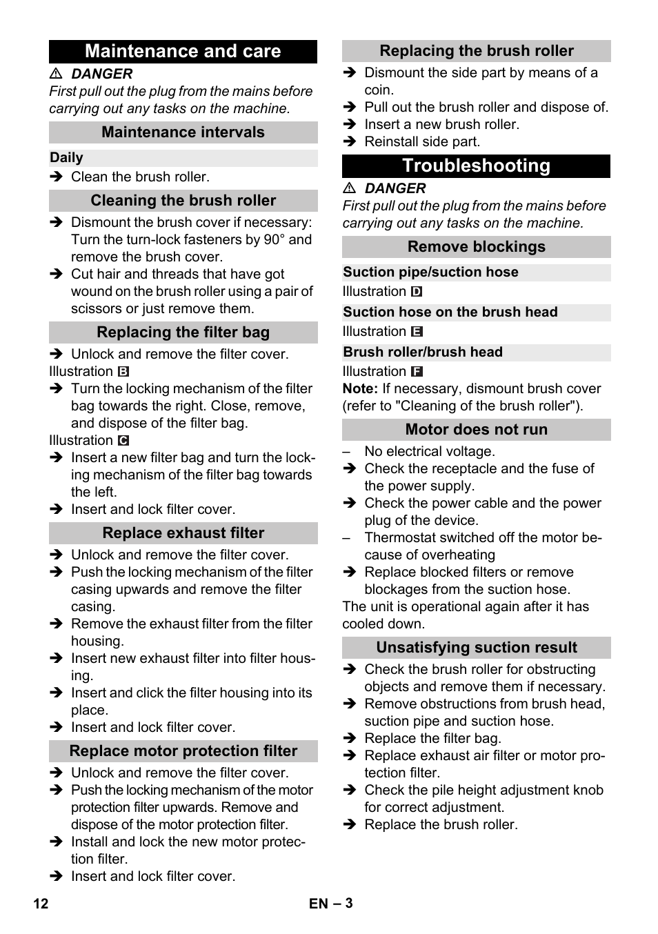 Maintenance and care, Maintenance intervals, Daily | Cleaning the brush roller, Replacing the filter bag, Replace exhaust filter, Replace motor protection filter, Replacing the brush roller, Troubleshooting, Remove blockings | Karcher CV 38-2 Adv User Manual | Page 12 / 156