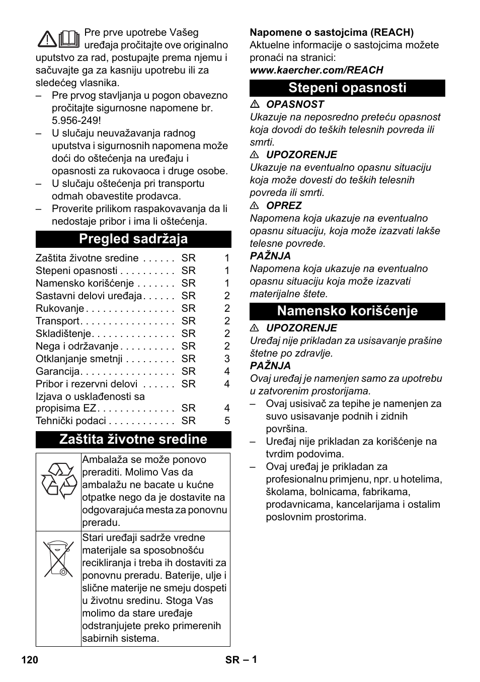 Srpski, Pregled sadržaja, Zaštita životne sredine | Stepeni opasnosti, Namensko korišćenje, Stepeni opasnosti namensko korišćenje | Karcher CV 38-2 Adv User Manual | Page 120 / 156