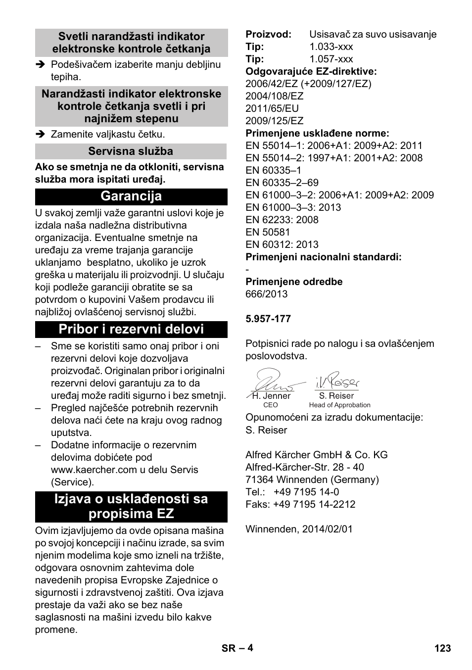 Servisna služba, Garancija, Pribor i rezervni delovi | Izjava o usklađenosti sa propisima ez | Karcher CV 38-2 Adv User Manual | Page 123 / 156