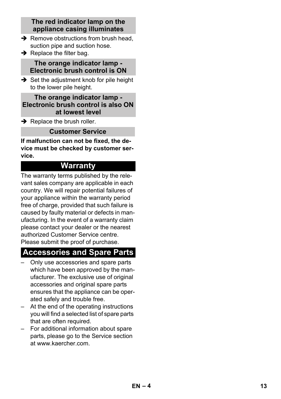 Customer service, Warranty, Accessories and spare parts | Warranty accessories and spare parts | Karcher CV 38-2 Adv User Manual | Page 13 / 156