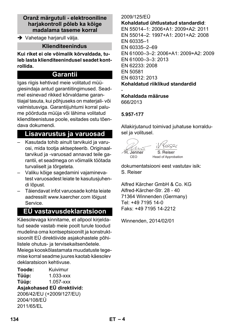 Klienditeenindus, Garantii, Lisavarustus ja varuosad | Eü vastavusdeklaratsioon | Karcher CV 38-2 Adv User Manual | Page 134 / 156