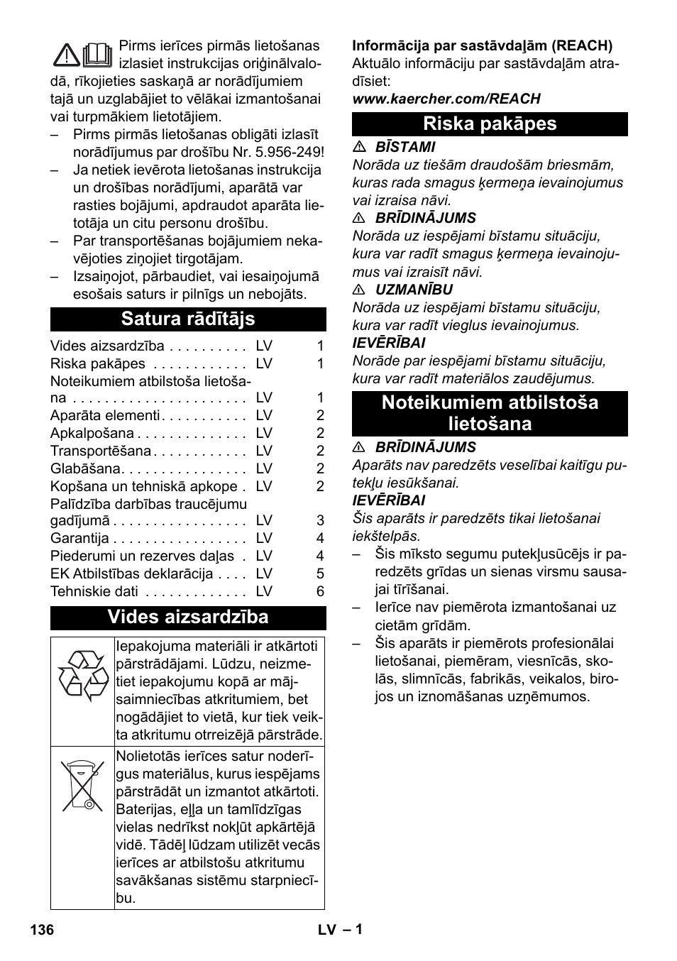 Latviešu, Satura rādītājs, Vides aizsardzība | Riska pakāpes, Noteikumiem atbilstoša lietošana | Karcher CV 38-2 Adv User Manual | Page 136 / 156