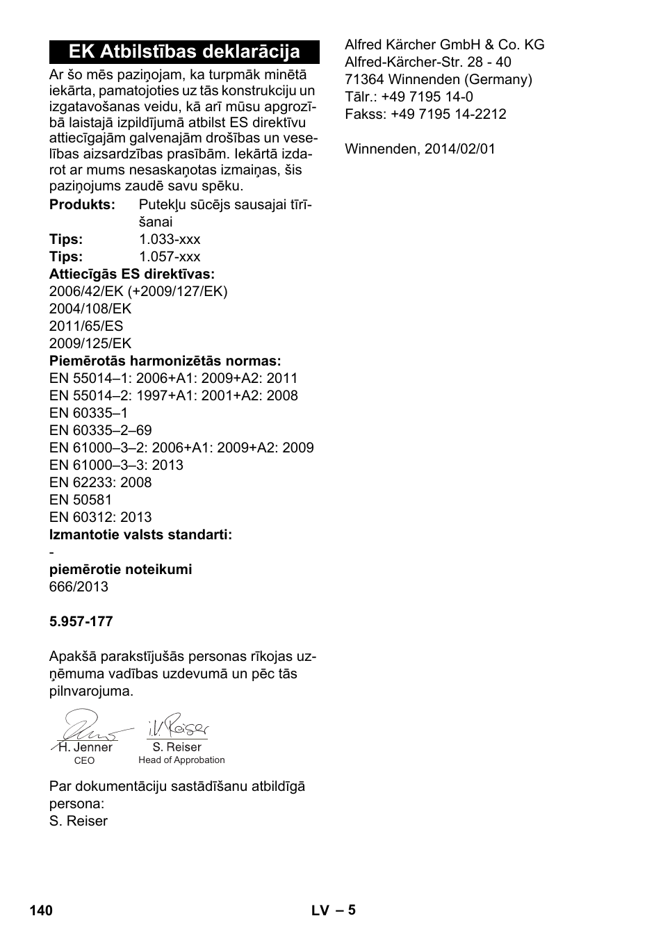 Ek atbilstības deklarācija | Karcher CV 38-2 Adv User Manual | Page 140 / 156