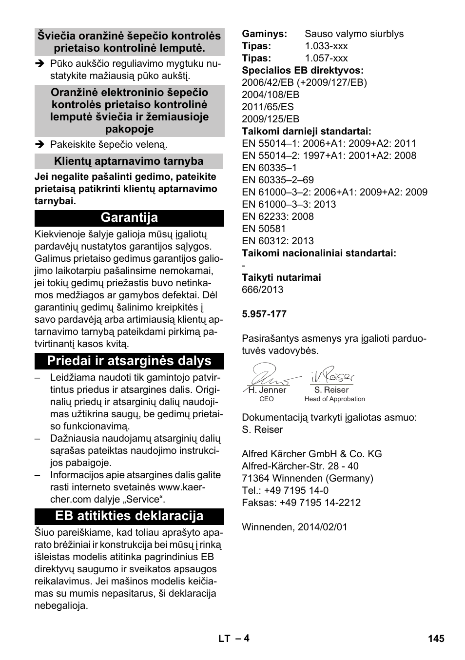Klientų aptarnavimo tarnyba, Garantija, Priedai ir atsarginės dalys | Eb atitikties deklaracija | Karcher CV 38-2 Adv User Manual | Page 145 / 156