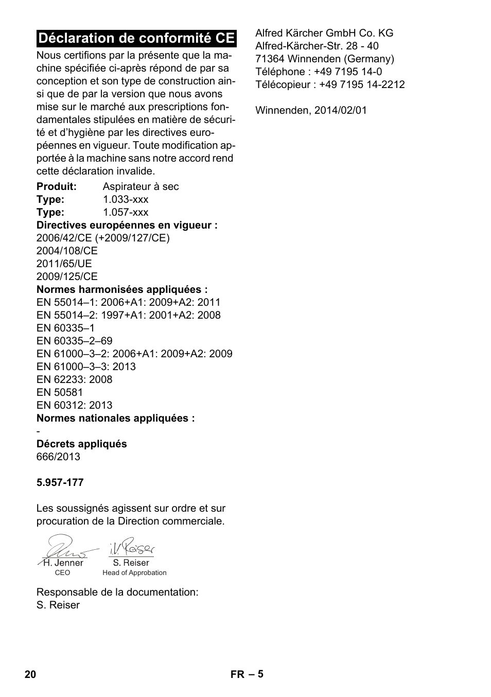 Déclaration de conformité ce | Karcher CV 38-2 Adv User Manual | Page 20 / 156