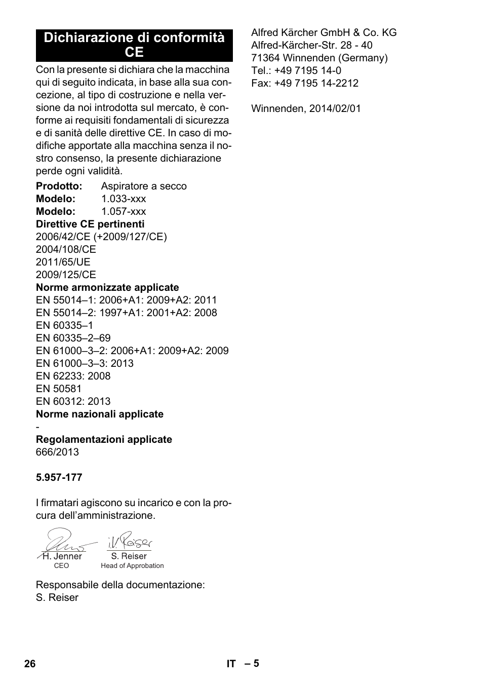 Dichiarazione di conformità ce | Karcher CV 38-2 Adv User Manual | Page 26 / 156