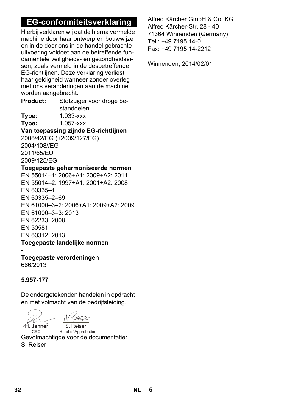 Eg-conformiteitsverklaring | Karcher CV 38-2 Adv User Manual | Page 32 / 156