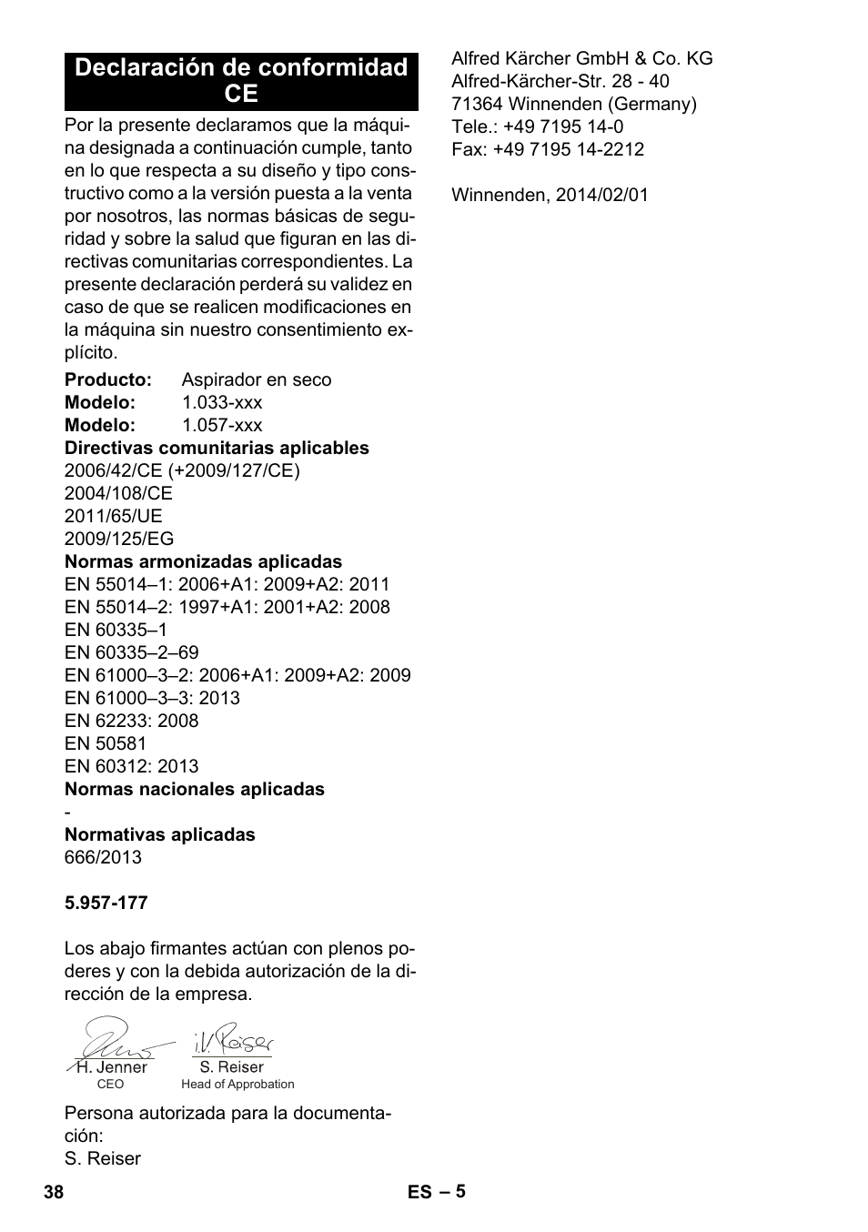 Declaración de conformidad ce | Karcher CV 38-2 Adv User Manual | Page 38 / 156