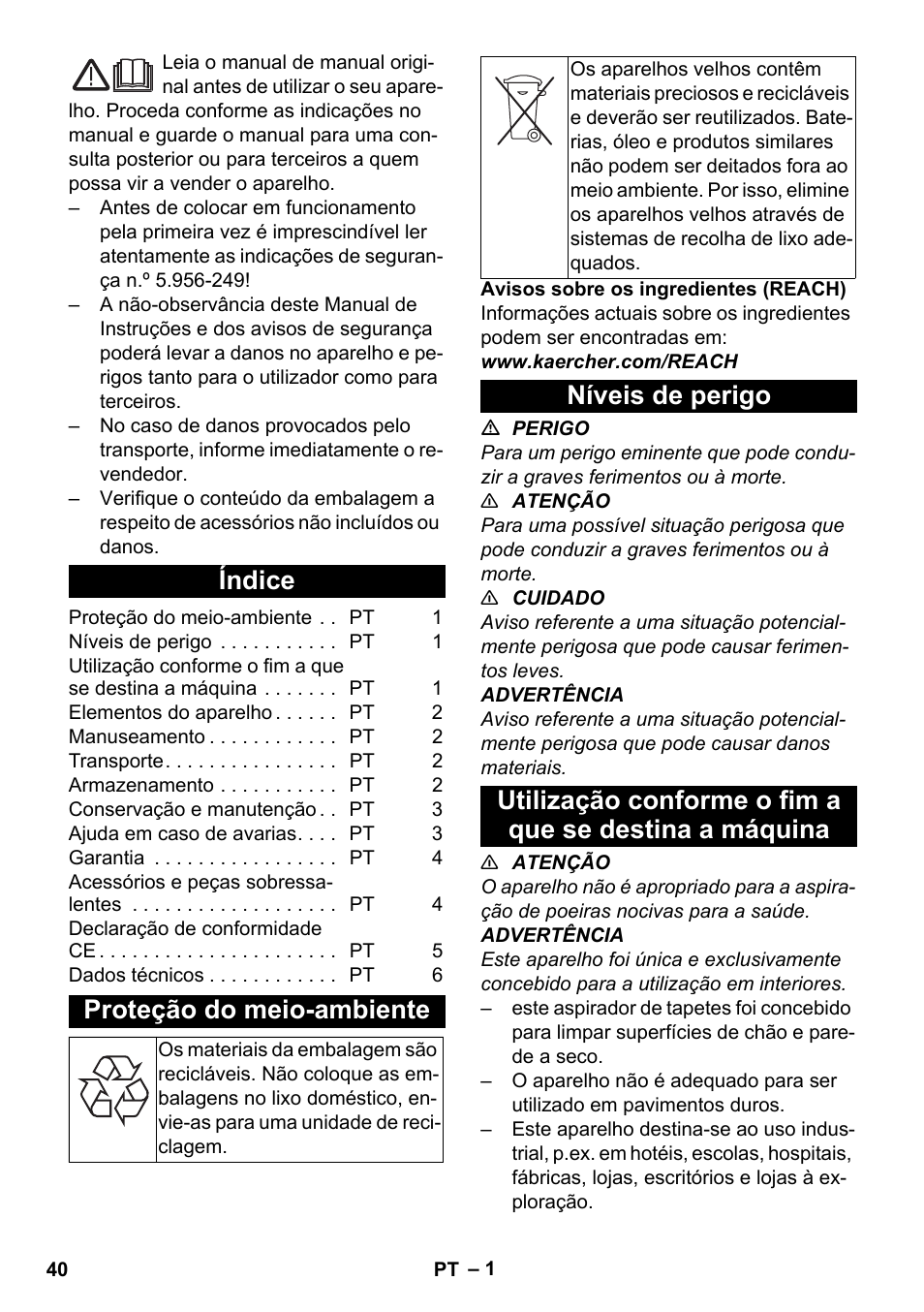 Português, Índice, Proteção do meio-ambiente | Níveis de perigo | Karcher CV 38-2 Adv User Manual | Page 40 / 156