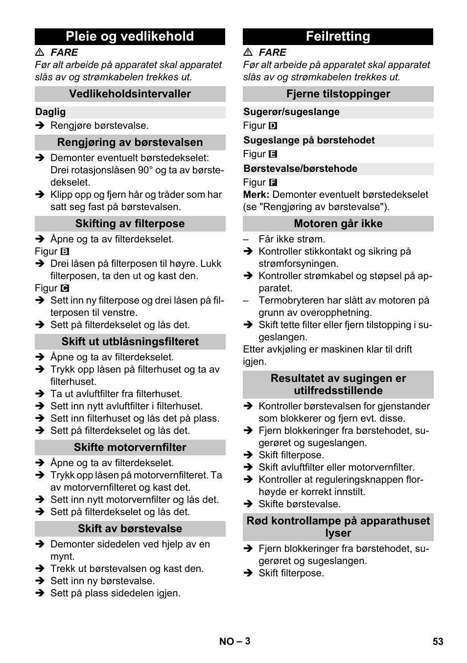 Pleie og vedlikehold, Vedlikeholdsintervaller, Daglig | Rengjøring av børstevalsen, Skifting av filterpose, Skift ut utblåsningsfilteret, Skifte motorvernfilter, Skift av børstevalse, Feilretting, Fjerne tilstoppinger | Karcher CV 38-2 Adv User Manual | Page 53 / 156