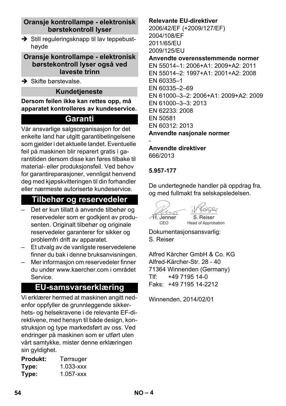 Kundetjeneste, Garanti, Tilbehør og reservedeler | Eu-samsvarserklæring | Karcher CV 38-2 Adv User Manual | Page 54 / 156