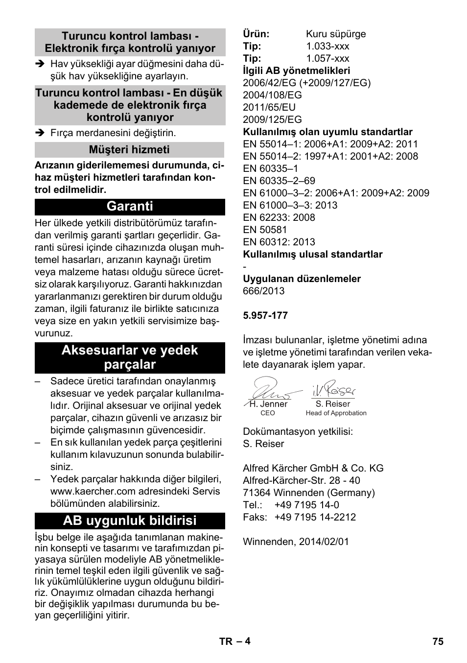 Müşteri hizmeti, Garanti, Aksesuarlar ve yedek parçalar | Ab uygunluk bildirisi | Karcher CV 38-2 Adv User Manual | Page 75 / 156