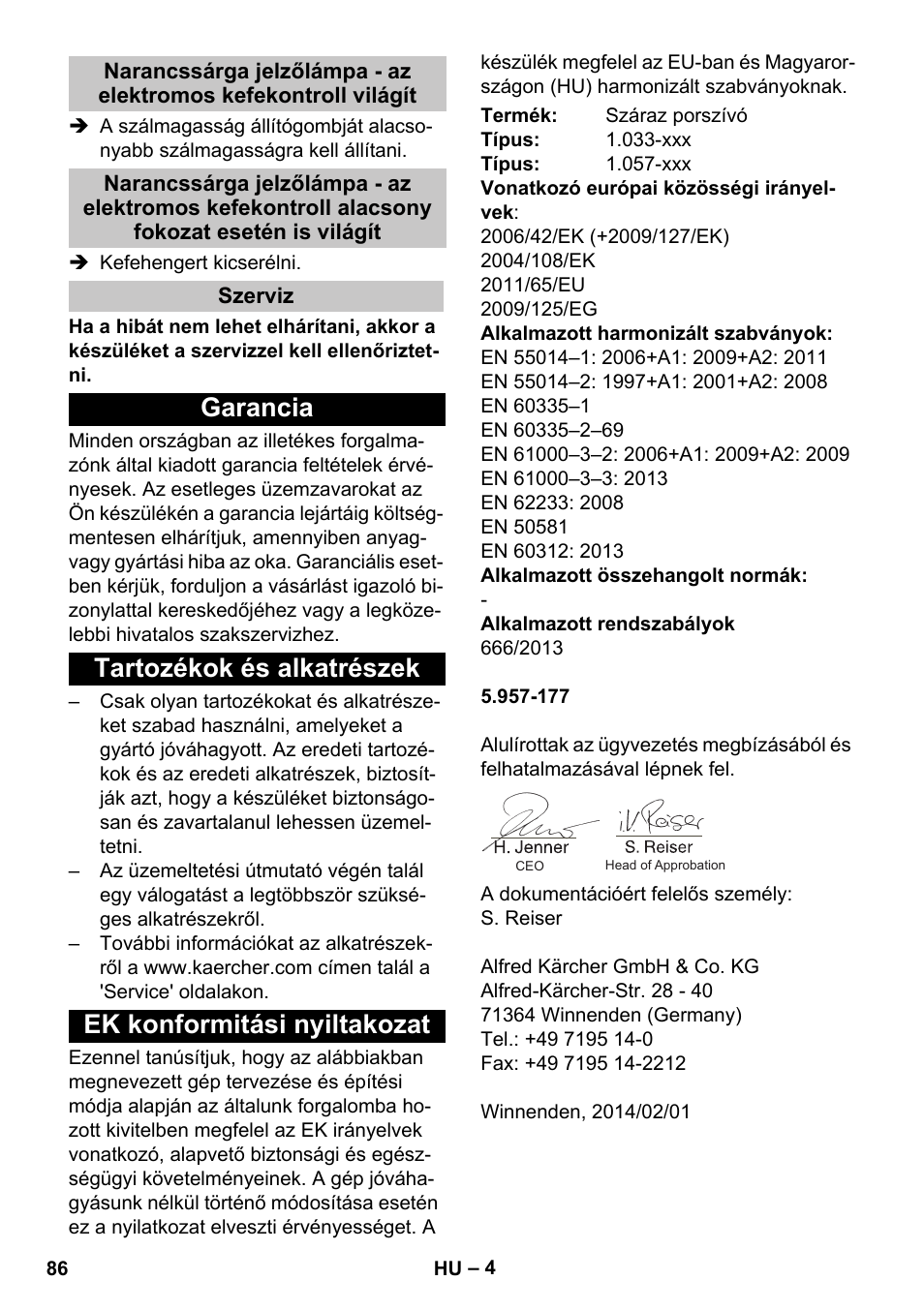 Szerviz, Garancia, Tartozékok és alkatrészek | Ek konformitási nyiltakozat | Karcher CV 38-2 Adv User Manual | Page 86 / 156