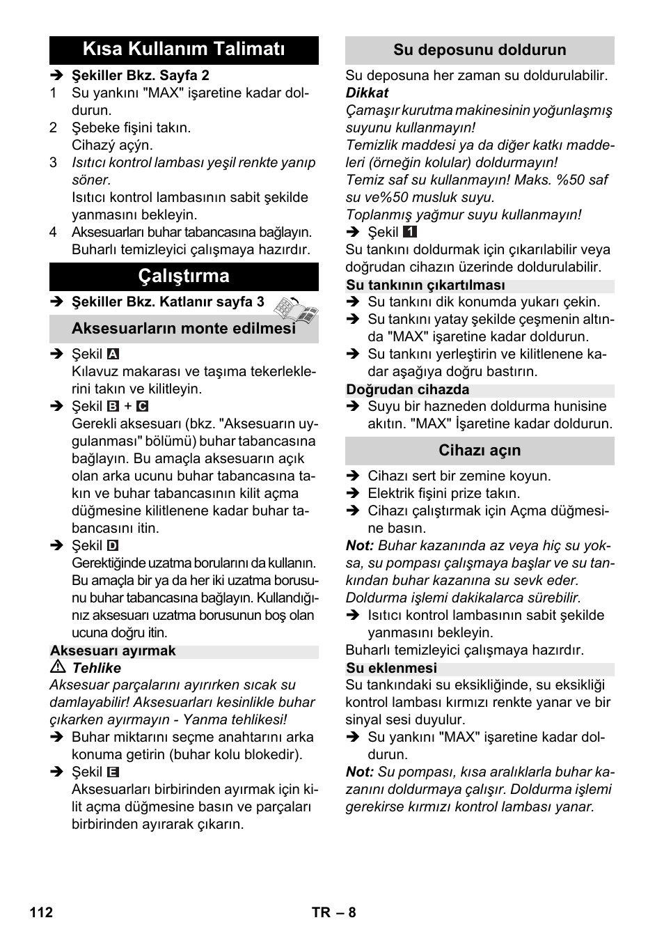 Kısa kullanım talimatı çalıştırma | Karcher SC 2-500 C User Manual | Page 112 / 254