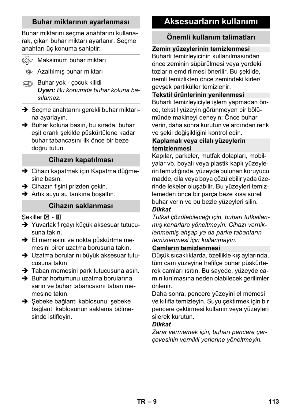 Aksesuarların kullanımı | Karcher SC 2-500 C User Manual | Page 113 / 254