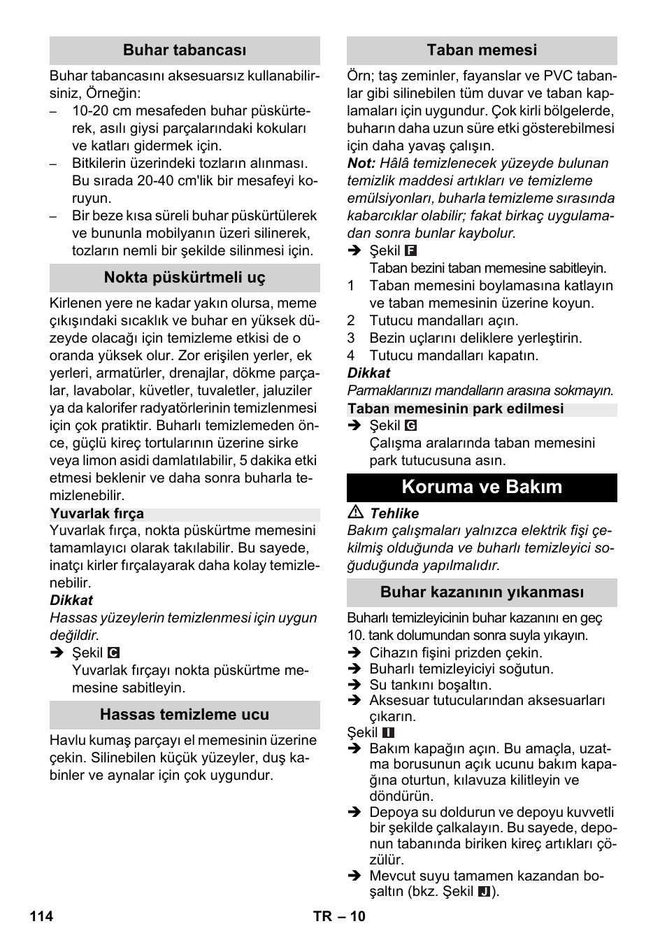 Koruma ve bakım | Karcher SC 2-500 C User Manual | Page 114 / 254