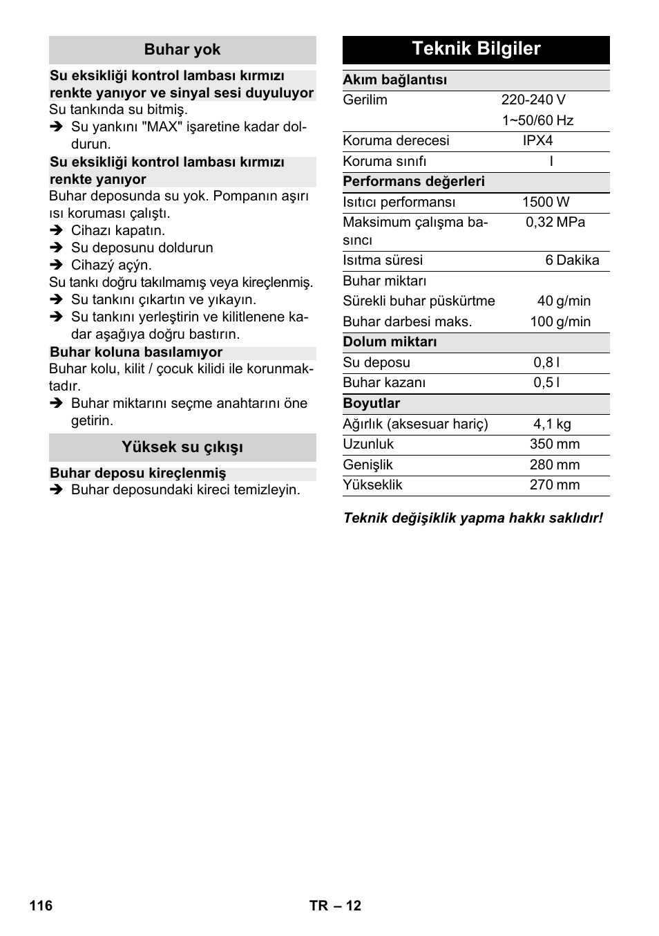 Teknik bilgiler | Karcher SC 2-500 C User Manual | Page 116 / 254