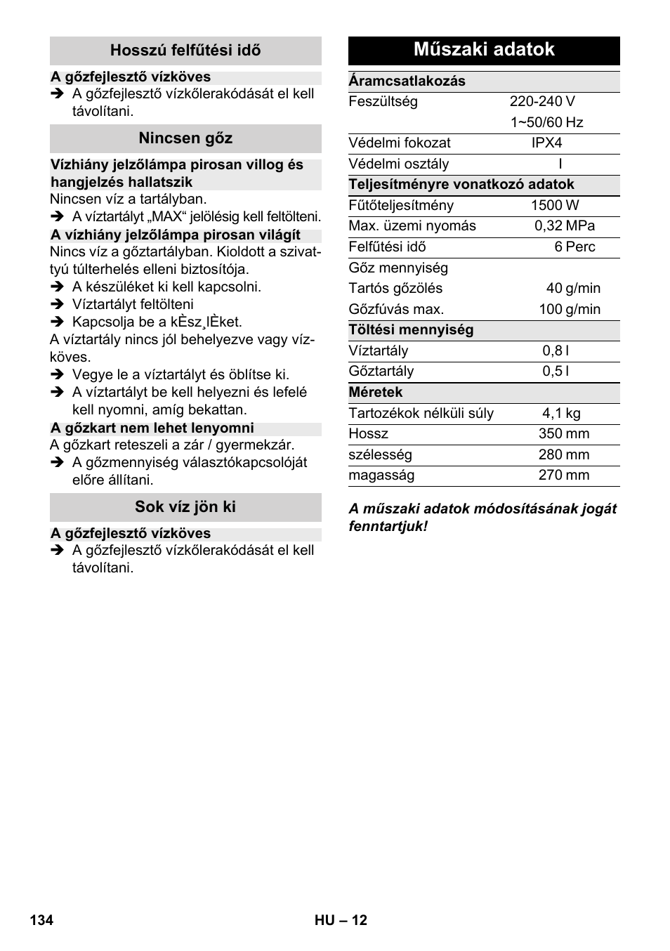 Műszaki adatok | Karcher SC 2-500 C User Manual | Page 134 / 254