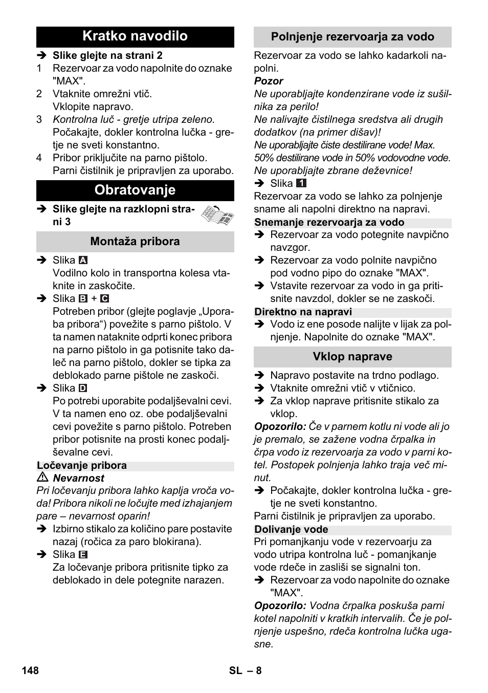 Kratko navodilo obratovanje | Karcher SC 2-500 C User Manual | Page 148 / 254