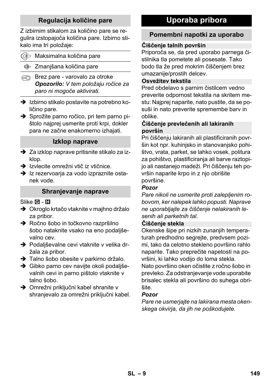 Uporaba pribora | Karcher SC 2-500 C User Manual | Page 149 / 254