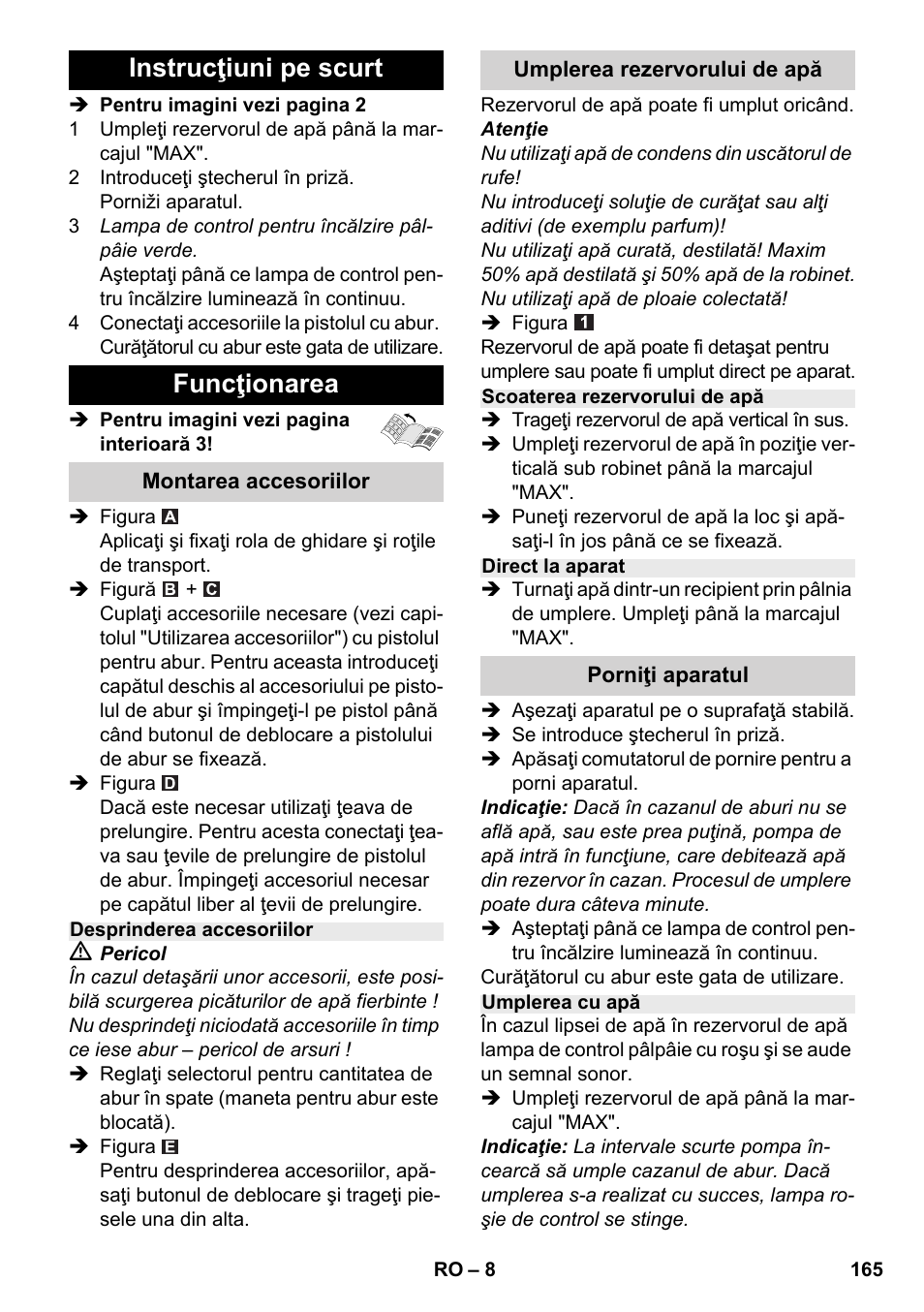 Instrucţiuni pe scurt funcţionarea | Karcher SC 2-500 C User Manual | Page 165 / 254