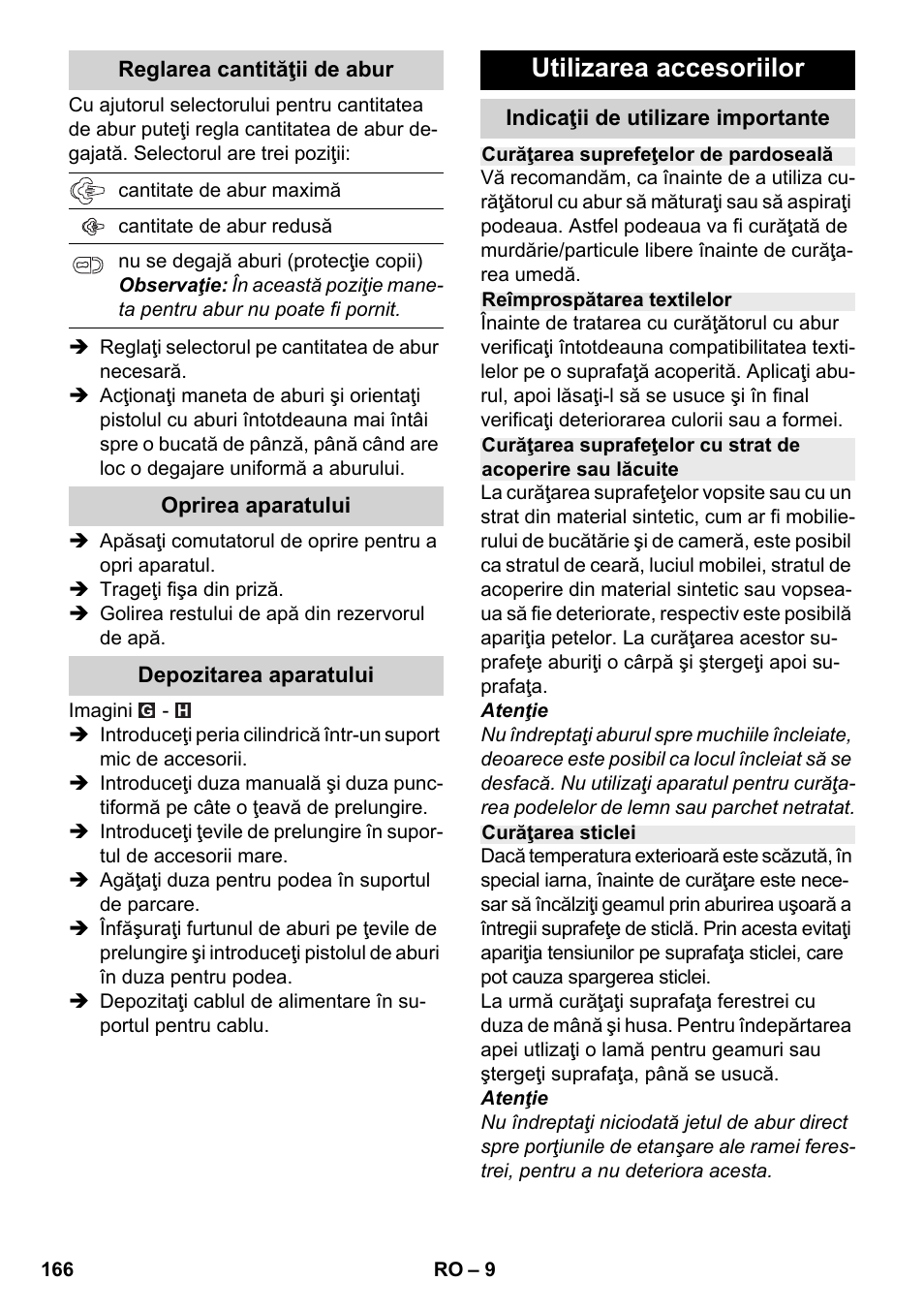 Utilizarea accesoriilor | Karcher SC 2-500 C User Manual | Page 166 / 254