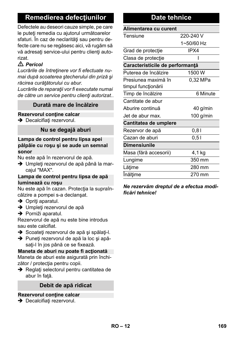 Remedierea defecţiunilor, Date tehnice | Karcher SC 2-500 C User Manual | Page 169 / 254