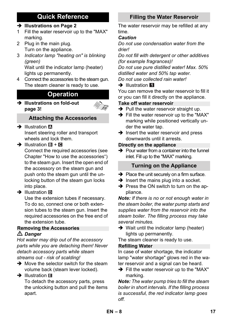 Quick reference operation | Karcher SC 2-500 C User Manual | Page 17 / 254