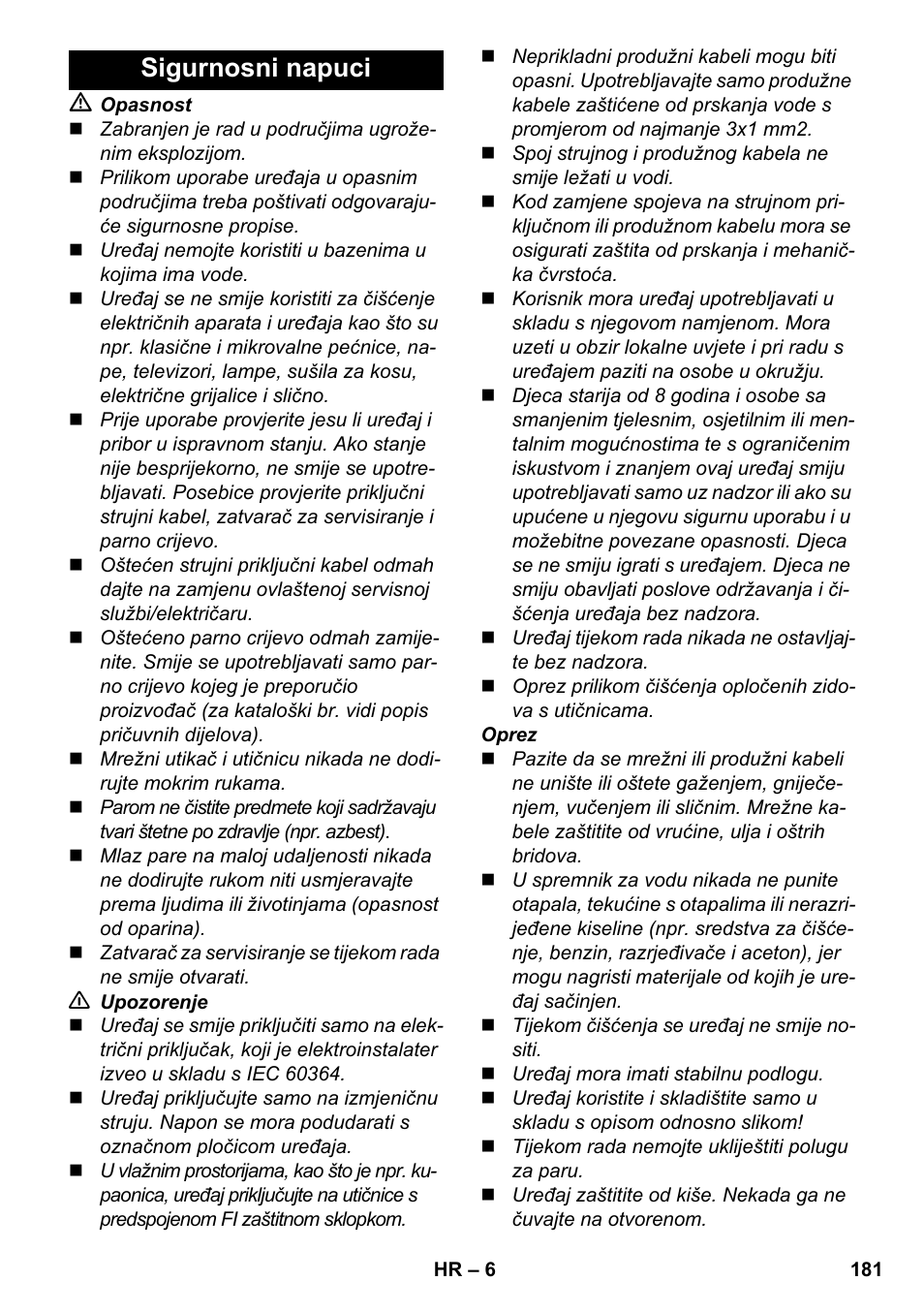 Sigurnosni napuci | Karcher SC 2-500 C User Manual | Page 181 / 254