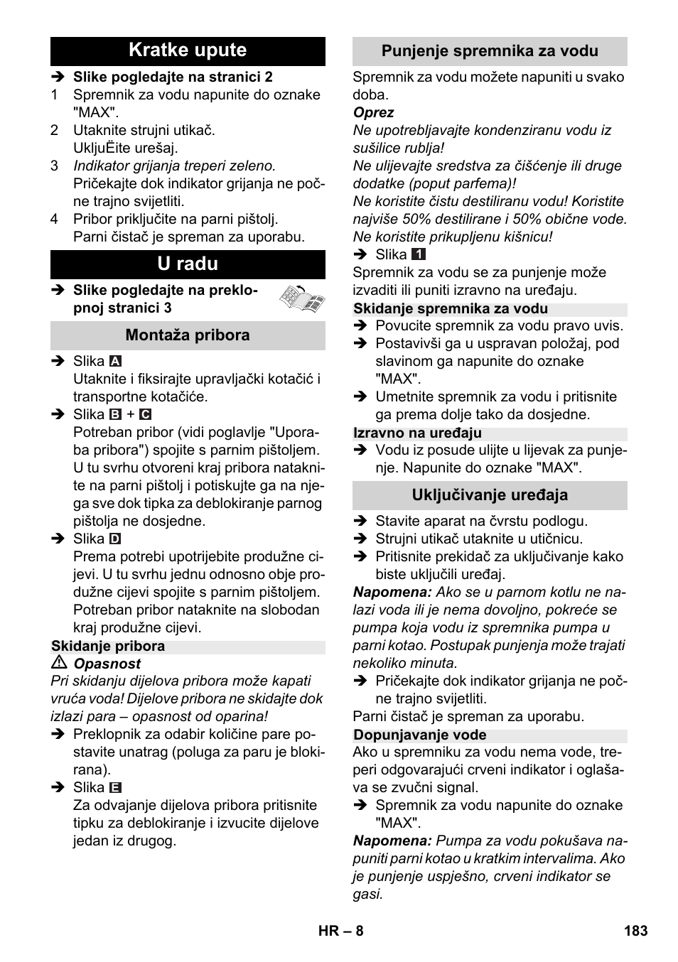 Kratke upute u radu | Karcher SC 2-500 C User Manual | Page 183 / 254