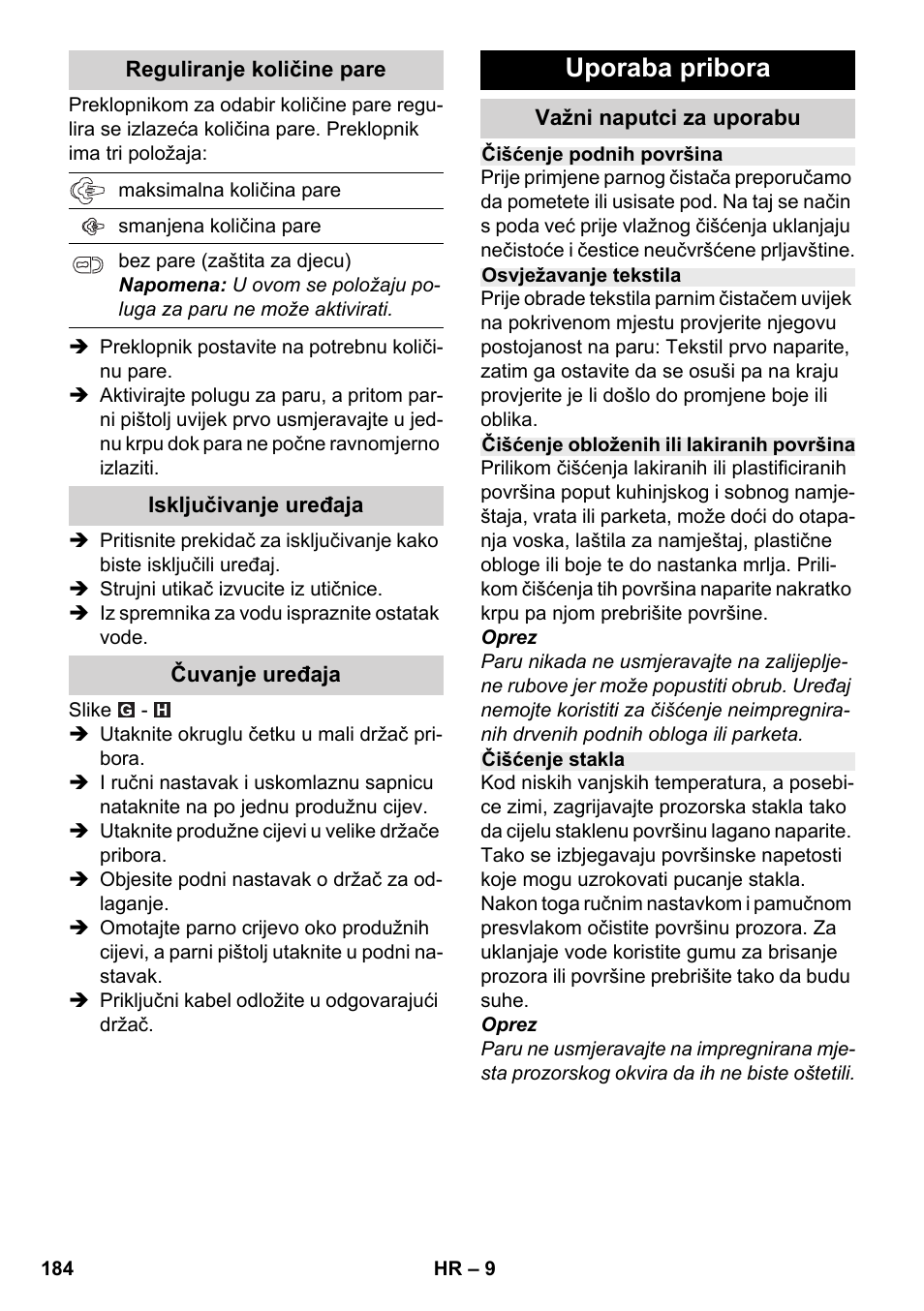 Uporaba pribora | Karcher SC 2-500 C User Manual | Page 184 / 254