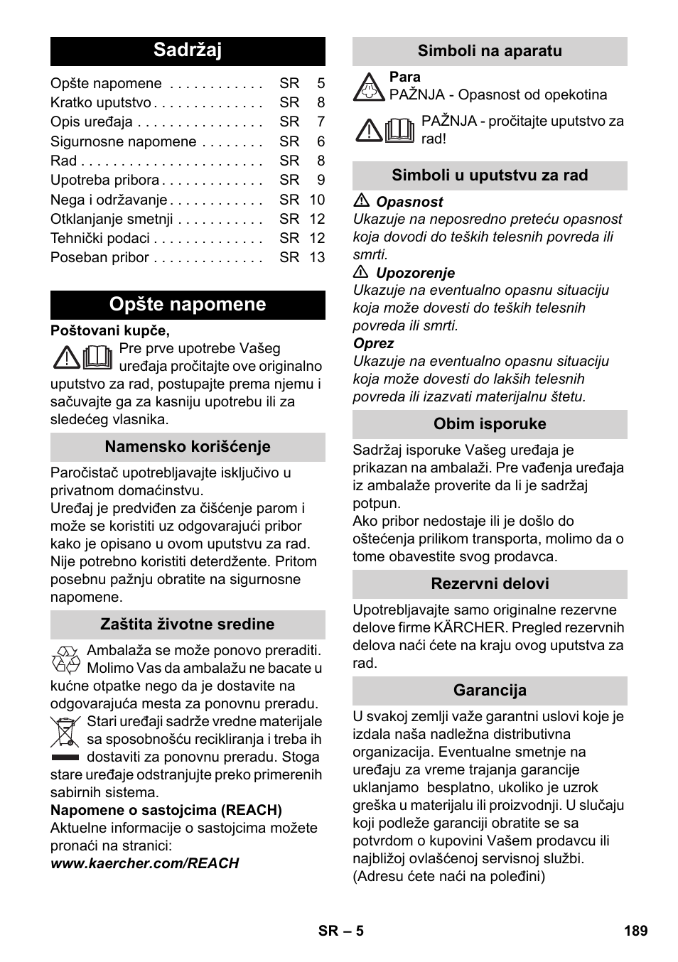 Srpski, Sadržaj, Opšte napomene | Karcher SC 2-500 C User Manual | Page 189 / 254