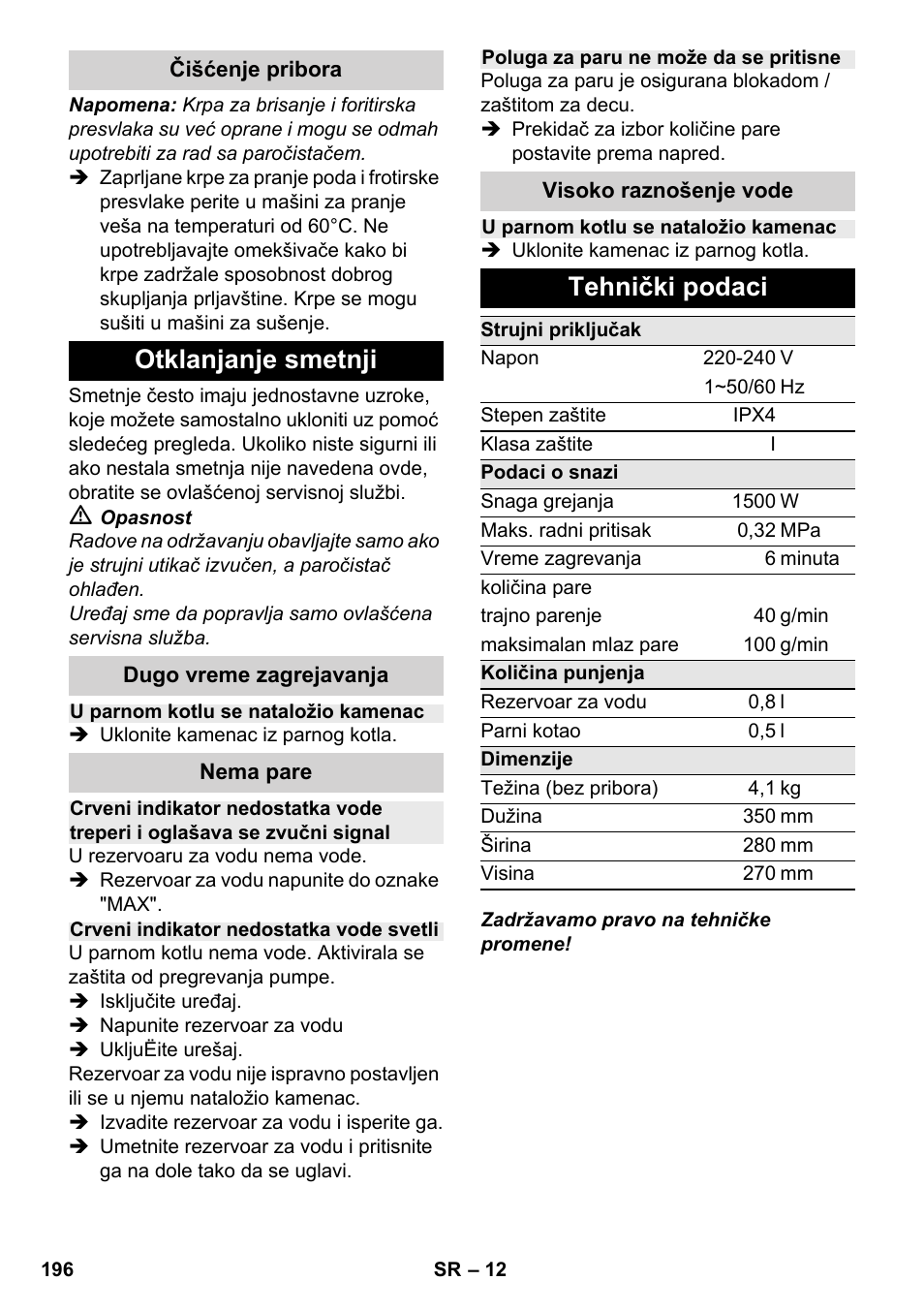 Otklanjanje smetnji, Tehnički podaci | Karcher SC 2-500 C User Manual | Page 196 / 254