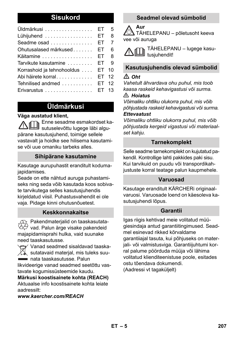 Eesti, Sisukord, Üldmärkusi | Karcher SC 2-500 C User Manual | Page 207 / 254