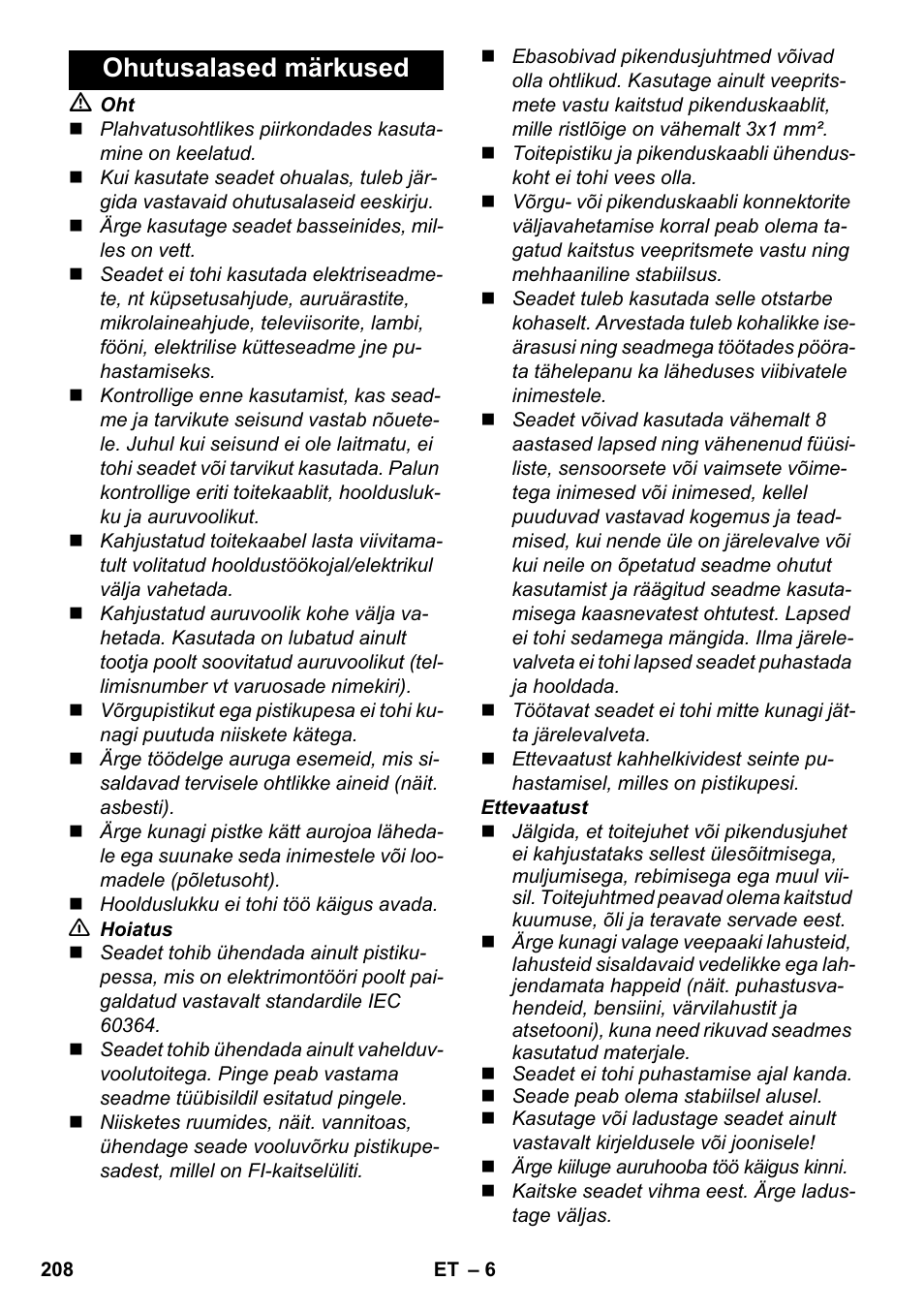 Ohutusalased märkused | Karcher SC 2-500 C User Manual | Page 208 / 254