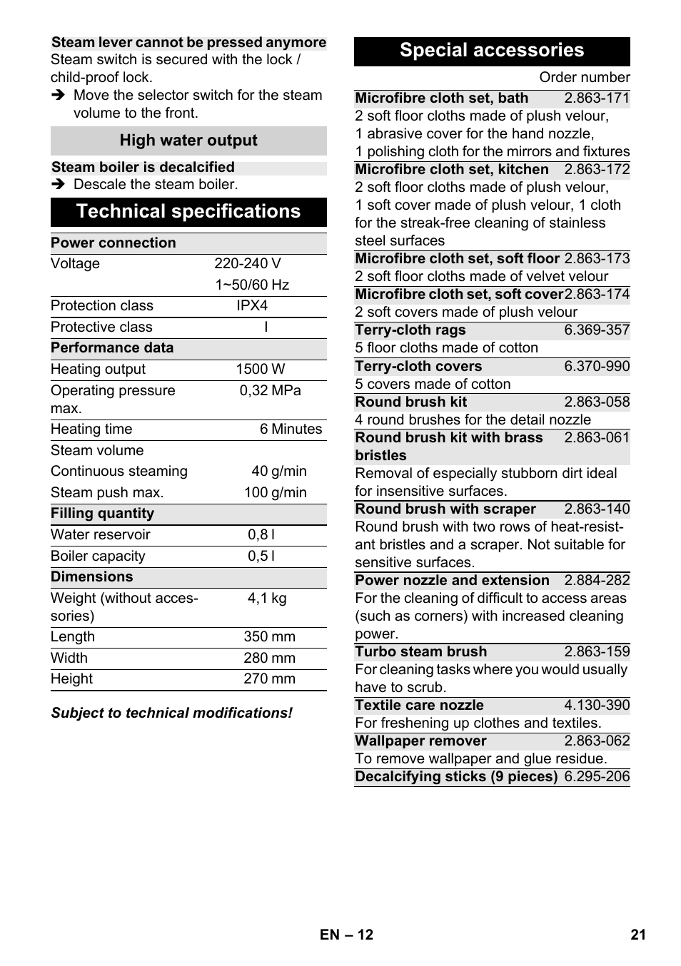 Technical specifications, Special accessories | Karcher SC 2-500 C User Manual | Page 21 / 254