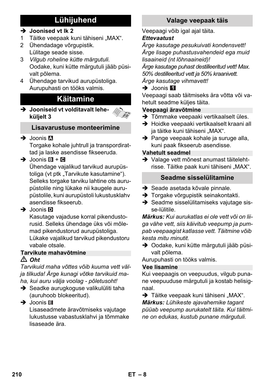 Lühijuhend käitamine | Karcher SC 2-500 C User Manual | Page 210 / 254