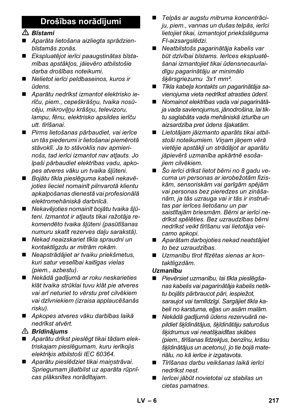 Drošības norādījumi | Karcher SC 2-500 C User Manual | Page 217 / 254