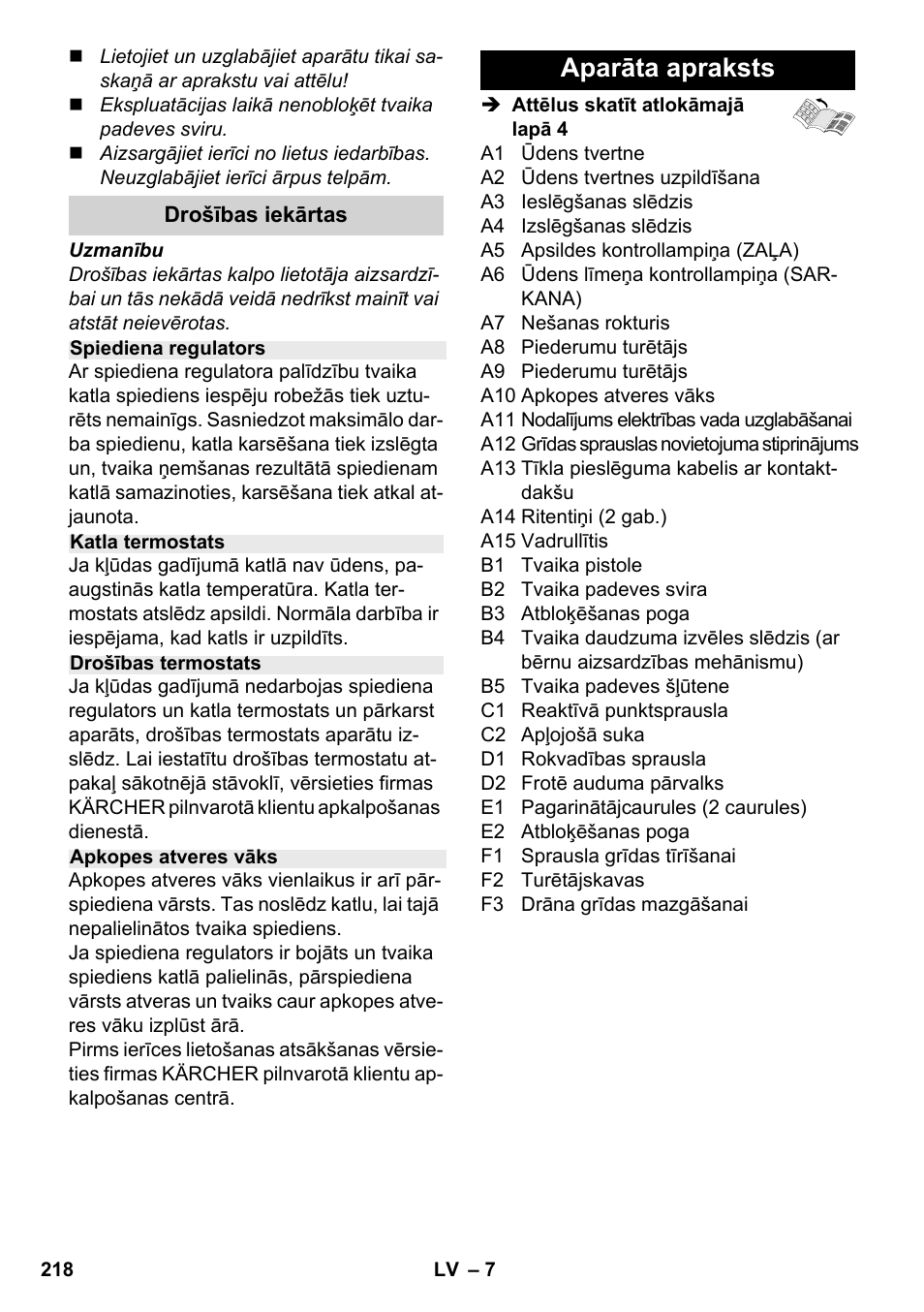 Aparāta apraksts | Karcher SC 2-500 C User Manual | Page 218 / 254