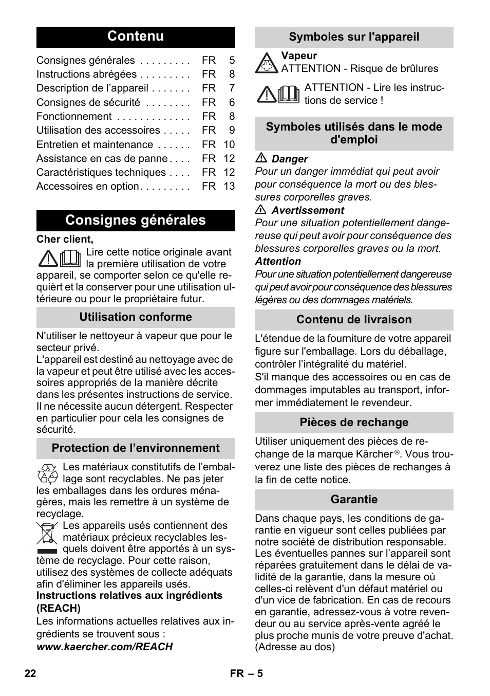 Français, Contenu, Consignes générales | Karcher SC 2-500 C User Manual | Page 22 / 254