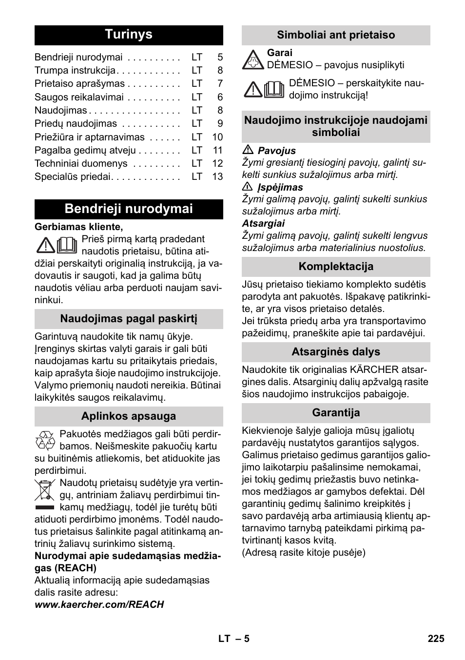 Lietuviškai, Turinys, Bendrieji nurodymai | Karcher SC 2-500 C User Manual | Page 225 / 254