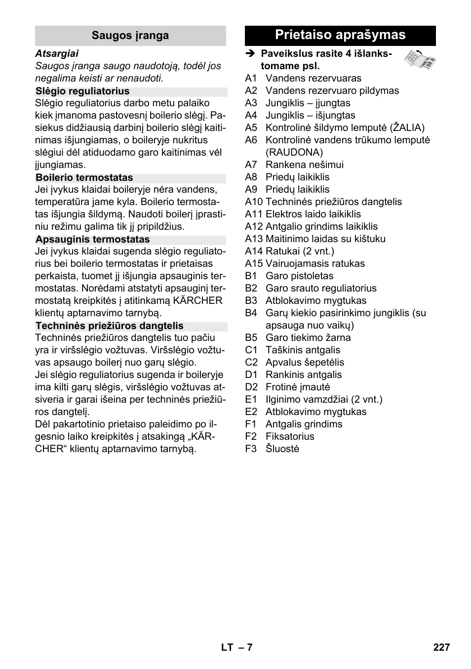 Prietaiso aprašymas | Karcher SC 2-500 C User Manual | Page 227 / 254