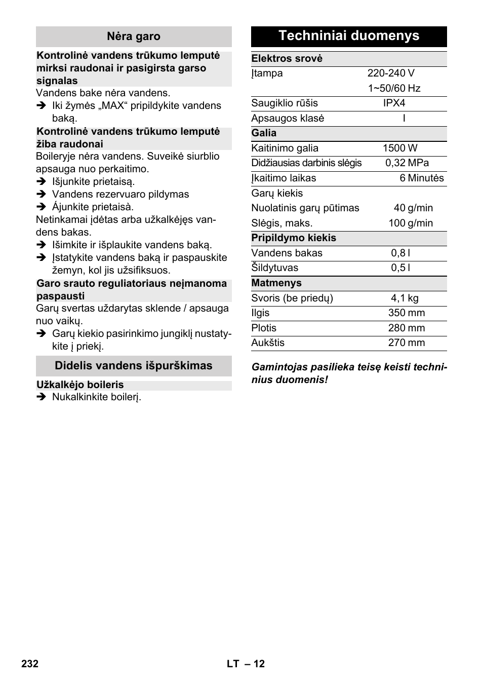 Techniniai duomenys | Karcher SC 2-500 C User Manual | Page 232 / 254