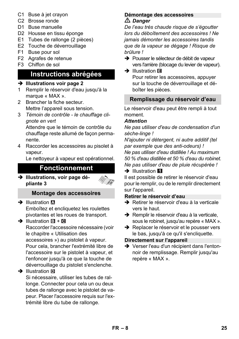 Instructions abrégées fonctionnement | Karcher SC 2-500 C User Manual | Page 25 / 254
