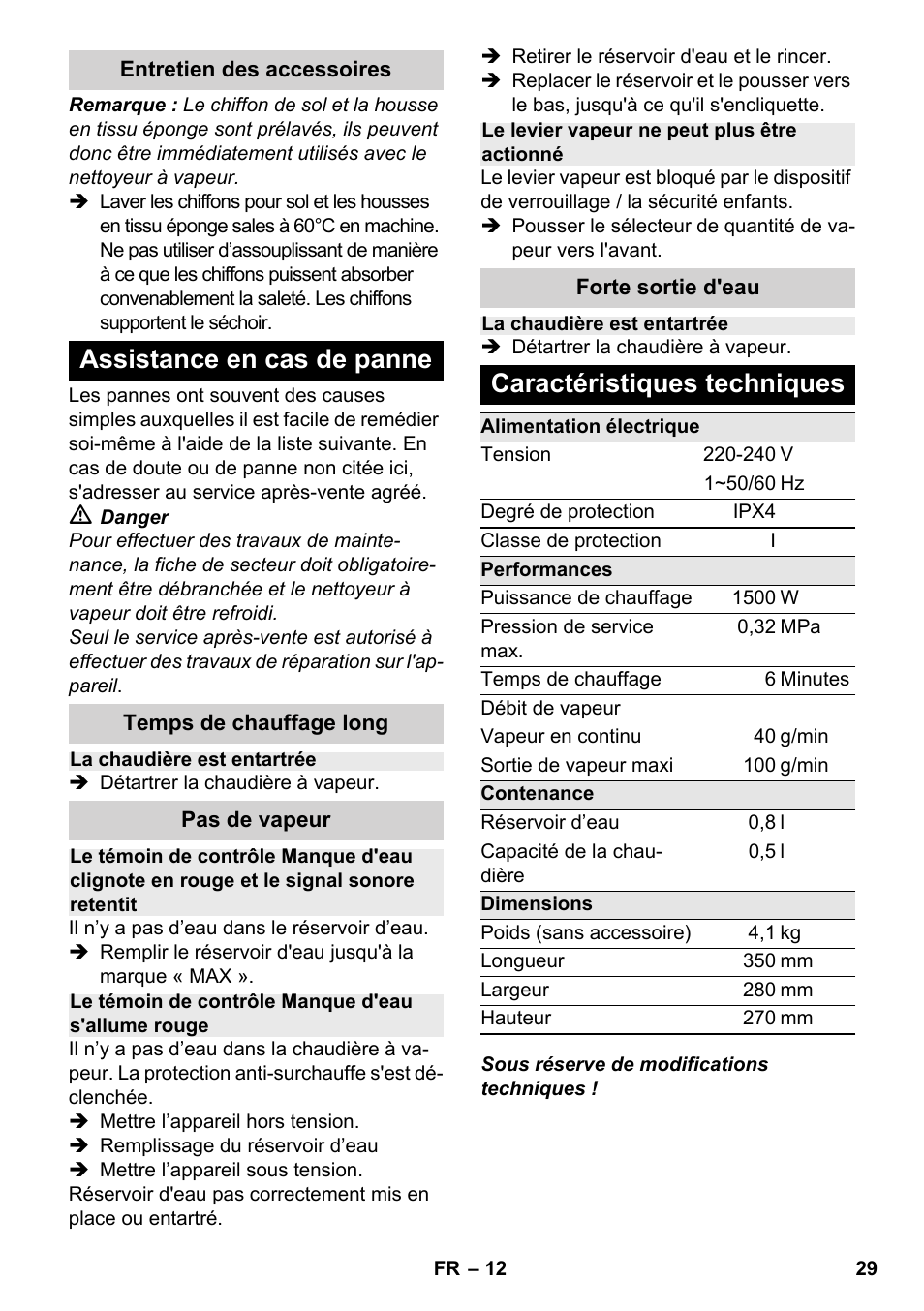 Assistance en cas de panne, Caractéristiques techniques | Karcher SC 2-500 C User Manual | Page 29 / 254